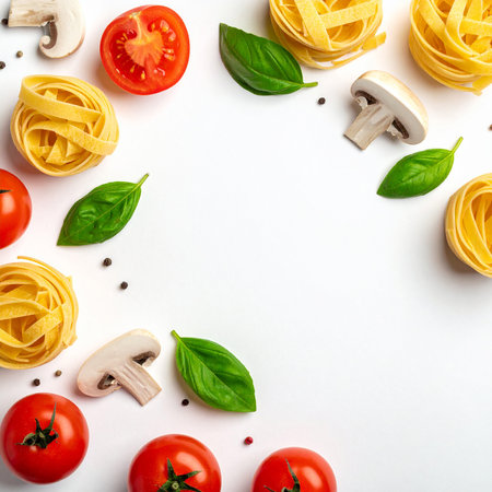 Italian food background. Fettuccine pasta with tomatoes, mushrooms and basil on white backgroundの素材