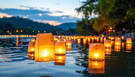 Candle light floating on the water in Buddhist temple, Thailand.の素材