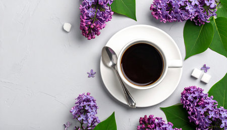 Cup of coffee and lilac flowers on light background, flat layの素材