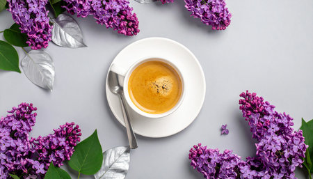 Cup of coffee with lilac flowers on gray background. Flat lay, top viewの素材
