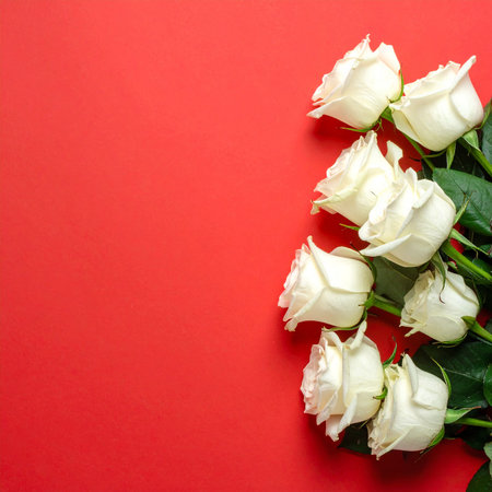 Beautiful white roses on red background. Flat lay, top viewの素材