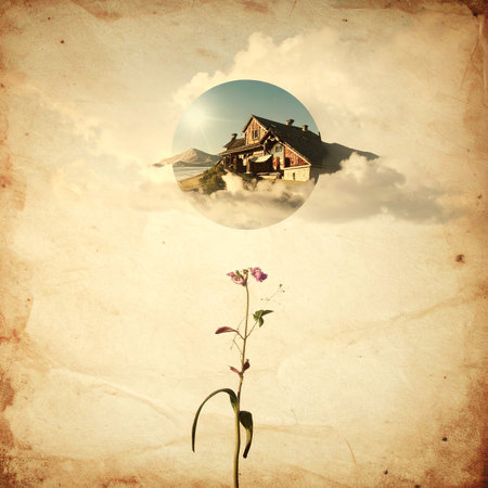 grunge image of pagoda and flower on old paper backgroundの素材