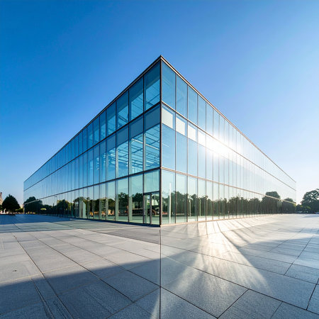 Modern office building exterior with glass facade. Perspective view on square floor.の素材