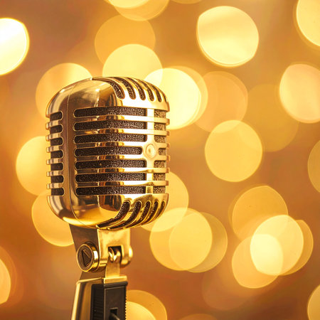 Vintage microphone on a golden bokeh background with copy spaceの素材