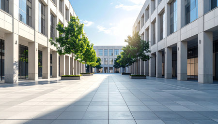 Empty square floor with modern office building in the background, perspective viewの素材