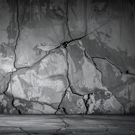 Cracked concrete wall background. 3d render illustration. Black and whiteの素材