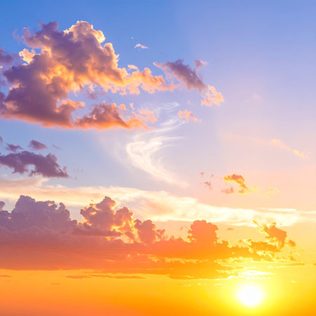Sunset sky with clouds and rays of light. Nature background.の素材
