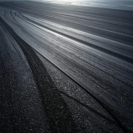 tractor tracks on the surface of a black asphalt road in winterの素材