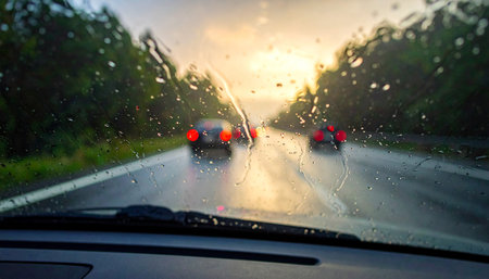 car on the road with rain drops on the windshield and blurred backgroundの素材