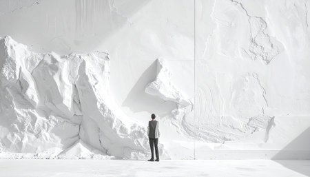 Businessman standing in white room and looking at wall. Mixed mediaの素材