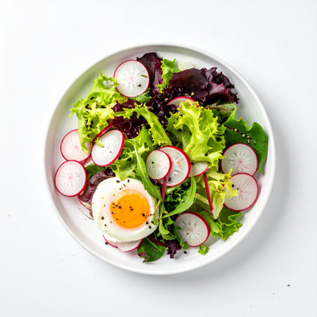 Fresh salad with radish and egg on a white background, top viewの素材