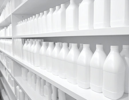 White plastic bottles on shelf in supermarket, closeup. Grocery storeの素材