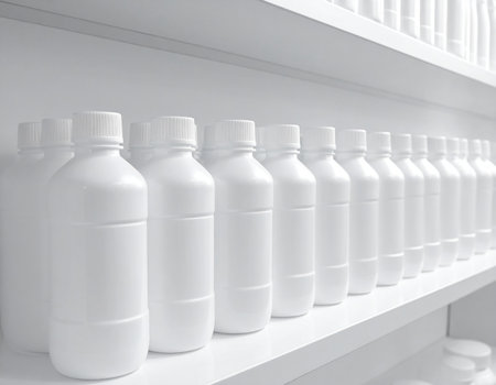 Plastic bottles on shelf in supermarket, closeup. Mockup for designの素材