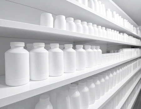 White plastic bottles on a shelf in a supermarket, close-upの素材