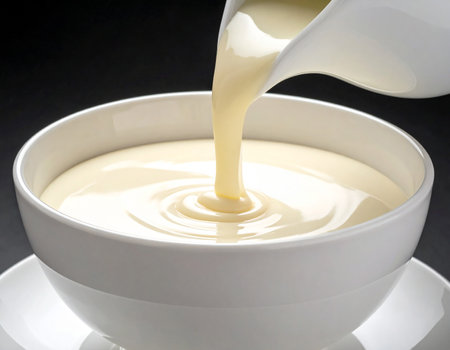 Pouring milk into a white bowl on black background, close upの素材