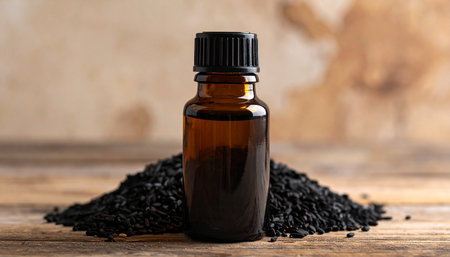 Bottle of black sesame essential oil on wooden table, closeupの素材