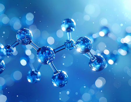 3d render of molecules on blue bokeh background. Abstract molecule structureの素材
