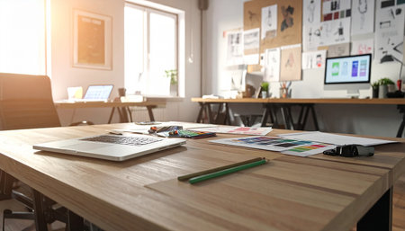 Designer workplace with laptop and color swatches in modern office.の素材