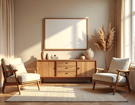 Interior of living room with wooden commode, armchairs and window. 3d renderの素材