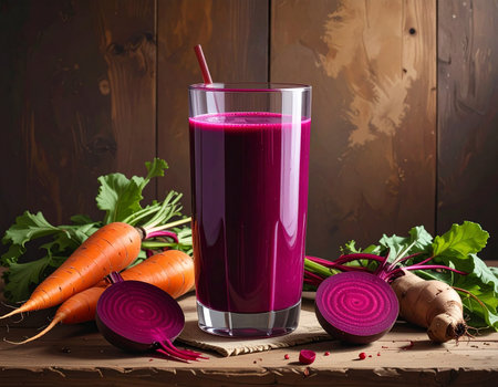 Glass of fresh beetroot juice with carrots and beetroots on wooden backgroundの素材