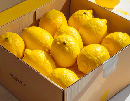 Lemons in a cardboard box. Yellow lemons in a box.の素材