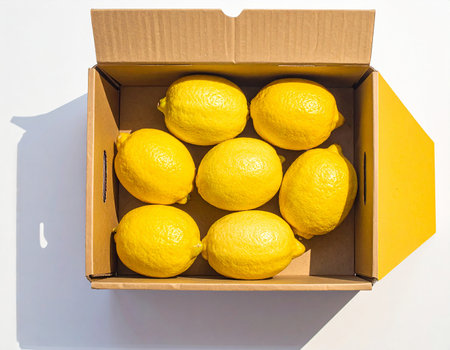 Ripe yellow lemons in a cardboard box on a white backgroundの素材