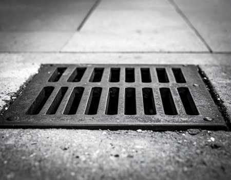 Drainage hatch on the street. Black and white photo.の素材
