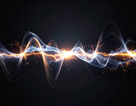 abstract vector background with a glowing particles, waves and lines.の素材