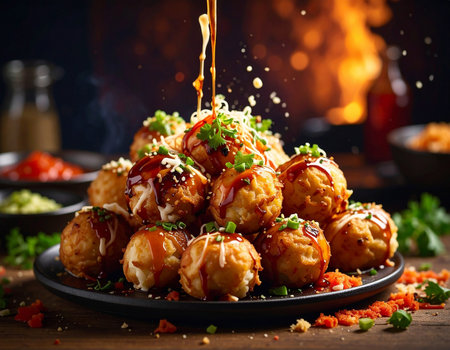 Takoyaki balls with sweet and sour sauce, Japanese foodの素材