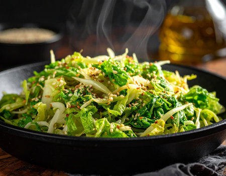 Salad with Chinese cabbage and sesame seeds in a frying panの素材