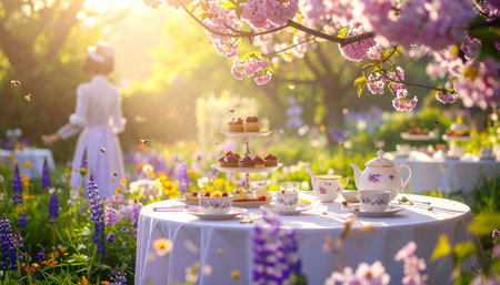 Beautiful wedding table in the garden with flowers, cakes and teaの素材