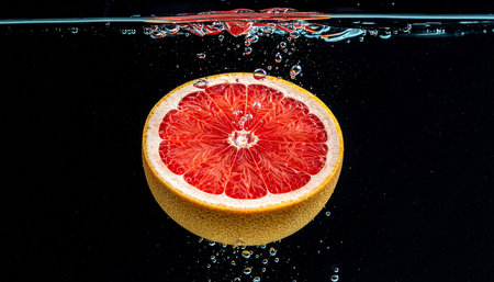 Grapefruit splashing into water on a black background with bubblesの素材