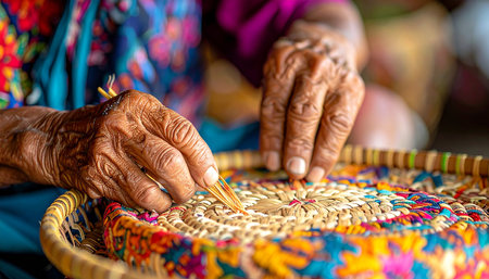 Close up of hands of an old woman weaving a wicker basketの素材
