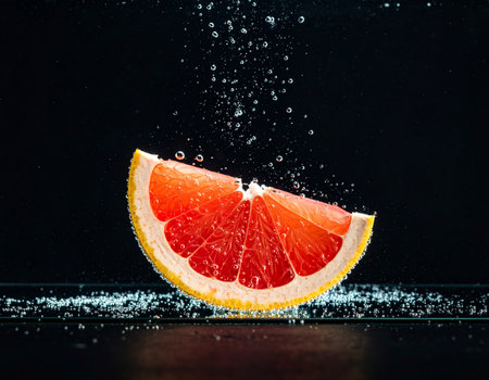 Slice of grapefruit falling into water with splash on black backgroundの素材