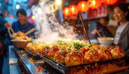 Takoyaki, traditional Japanese dumplings on street food marketの素材