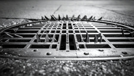 Close up of a manhole cover in black and white. Selective focus.の素材