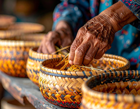 Old woman hands holding wicker basket,Thai handicraftsの素材