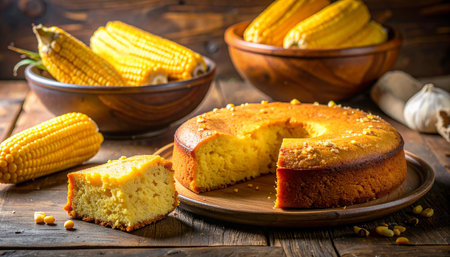Corn cake with fresh corn on rustic wooden background, selective focusの素材