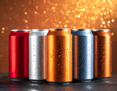 Aluminum cans with water drops on table against bokeh backgroundの素材
