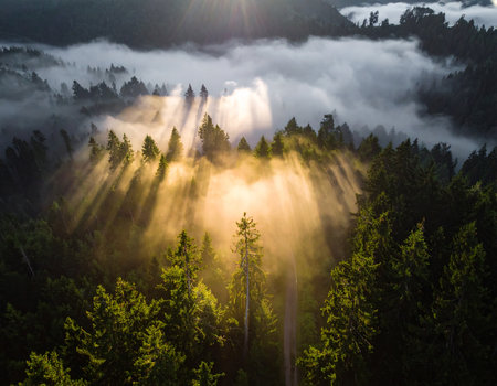 Aerial view of foggy forest with sunbeams in the morningの素材