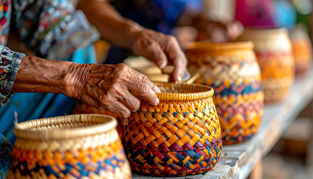 Closeup of old woman hands making a wicker basket in the marketの素材