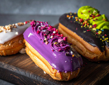 Delicious eclairs with glaze and sprinkles on a wooden boardの素材
