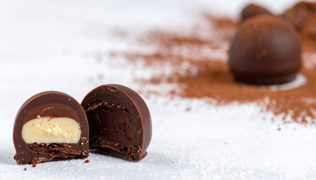 Chocolate truffles with cocoa powder on a white background.の素材