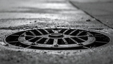 Close up of a manhole cover on the street. Selective focus.の素材