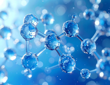 Molecule on blue background. 3D illustration. 3D renderingの素材