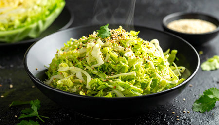 Salad of fresh cabbage with sesame seeds and cilantro in a black bowl on a black backgroundの素材
