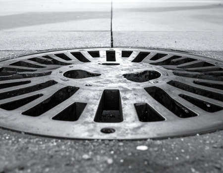 Manhole cover on the road. Black and white photo. Selective focus.の素材