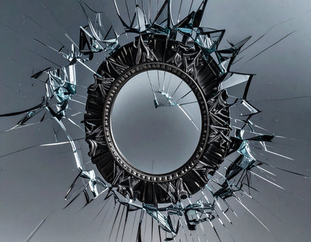 Broken glass with hole in the center on a gray background.の素材