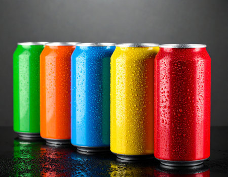 Colorful soda cans with water drops on black table on grey backgroundの素材