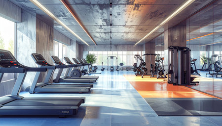 Modern gym interior with treadmills. 3d rendering toned imageの素材